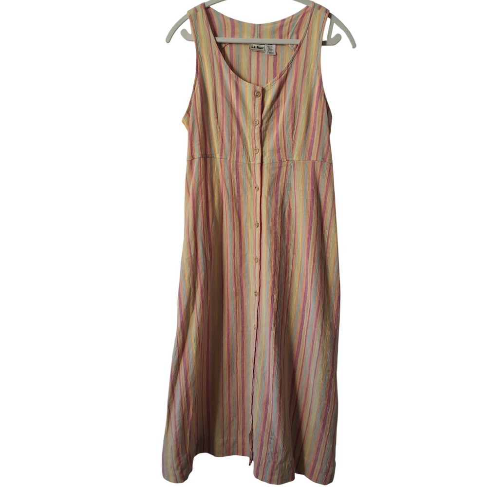 L.L Bean Women 8 Petite‎ Midi Dress Seersucker Button Up Cotton Eco Mom 90's Y2K